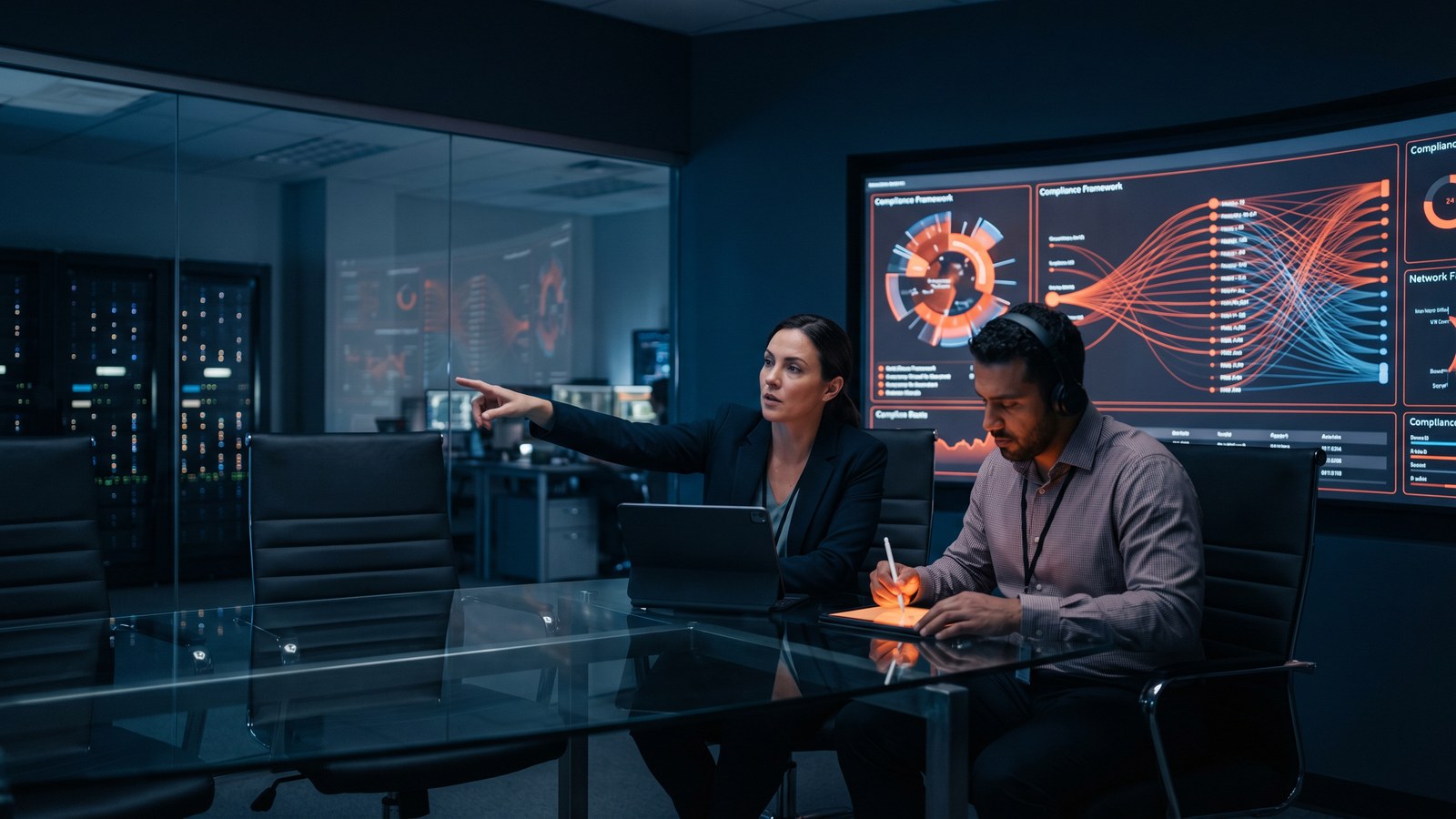 Two cybersecurity analysts collaborating in a dark SOC conference room, reviewing compliance framework dashboards on a wall display