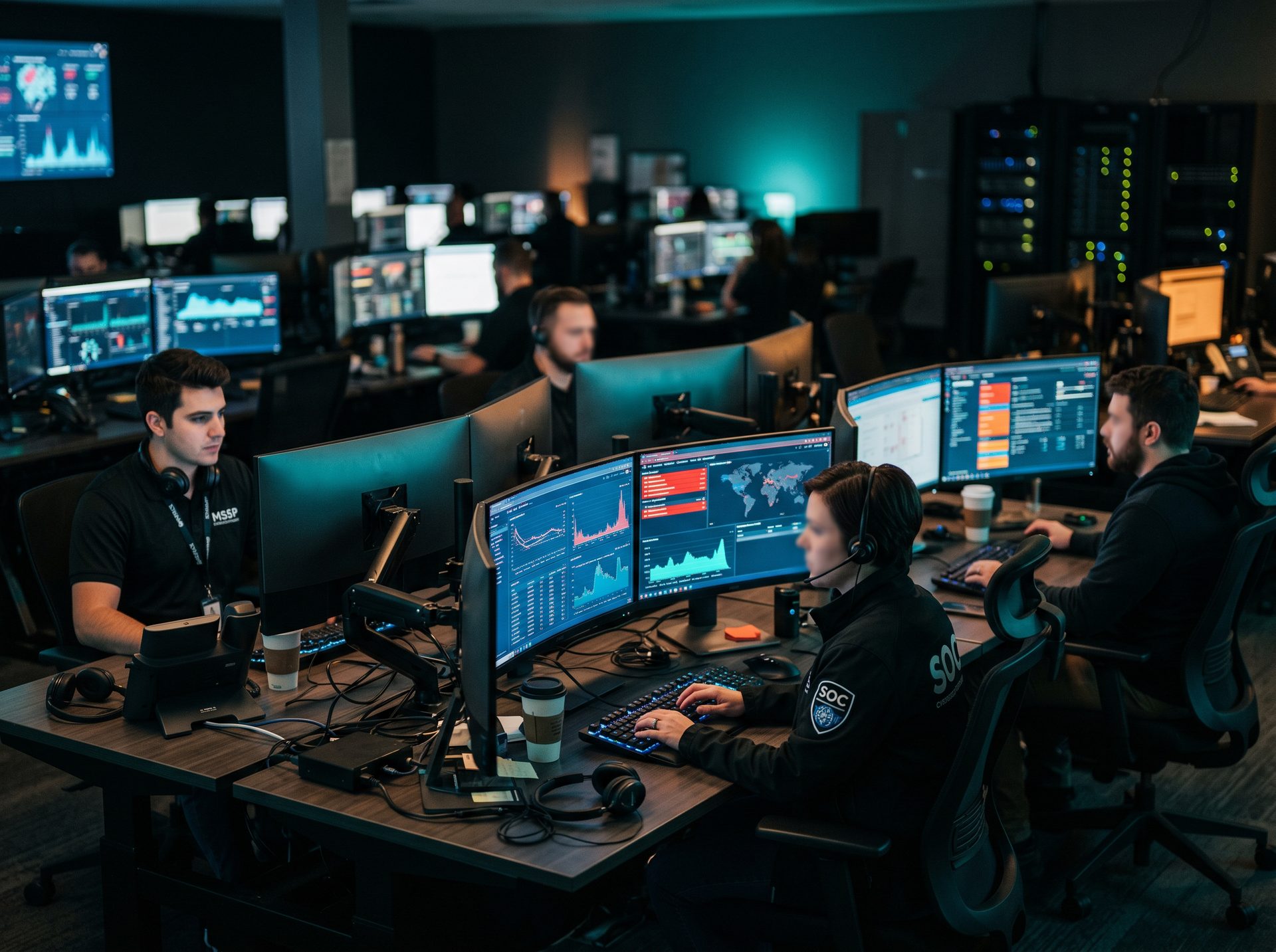 Torchsec Security Operations Center with analysts monitoring live threat dashboards
